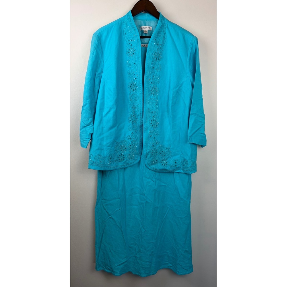 Coldwater Creek Dress Jacket Set 22W Blue Linen Blend Embroidered Beaded Event